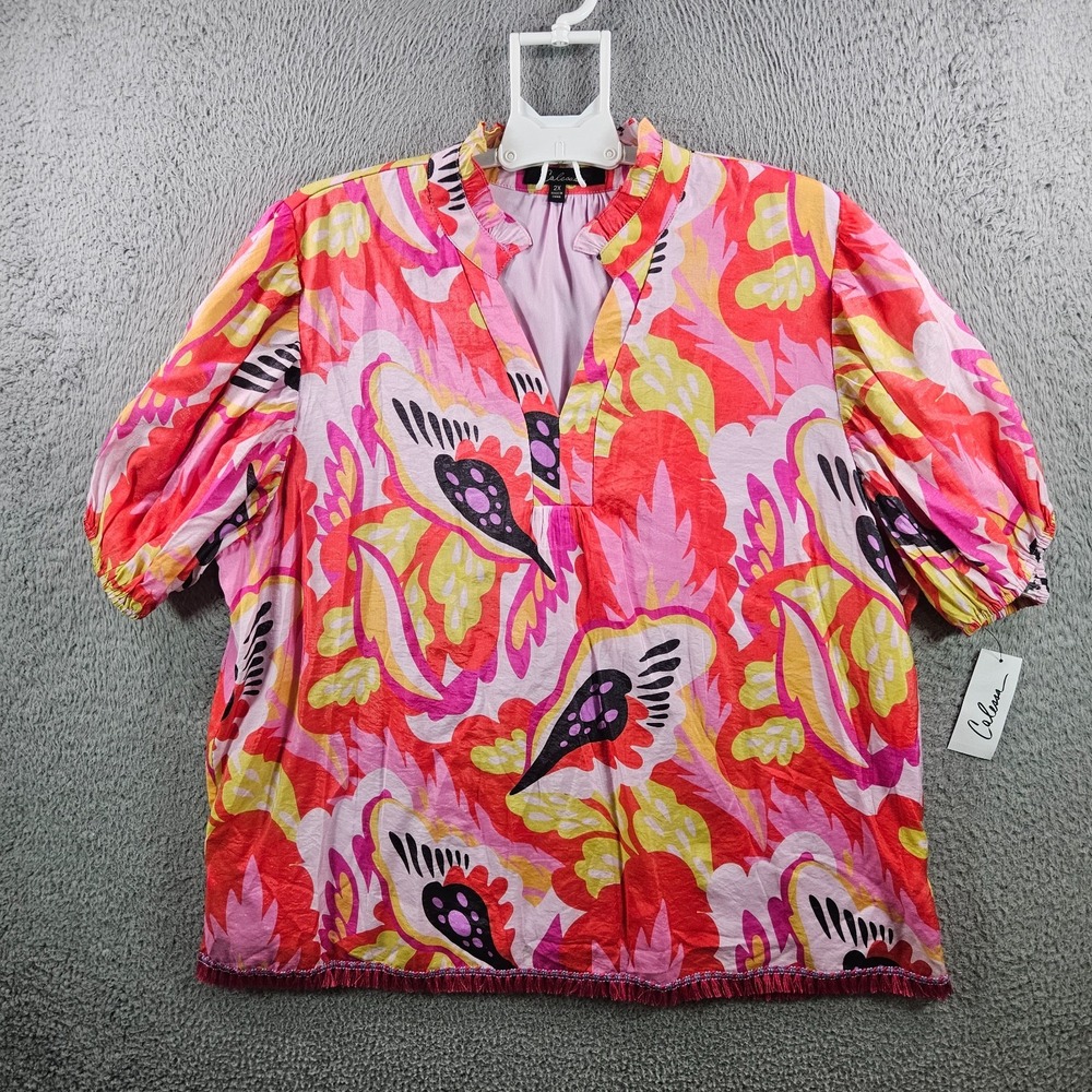 NEW Calessa Tunic Top Blouse Women 2X‎ Floral Print Lined Short Sleeve Pink Red